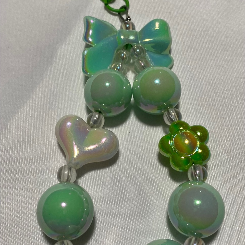 St. Patrick’s Day Purse Charm Green Beaded Necklace with Bow and Heart